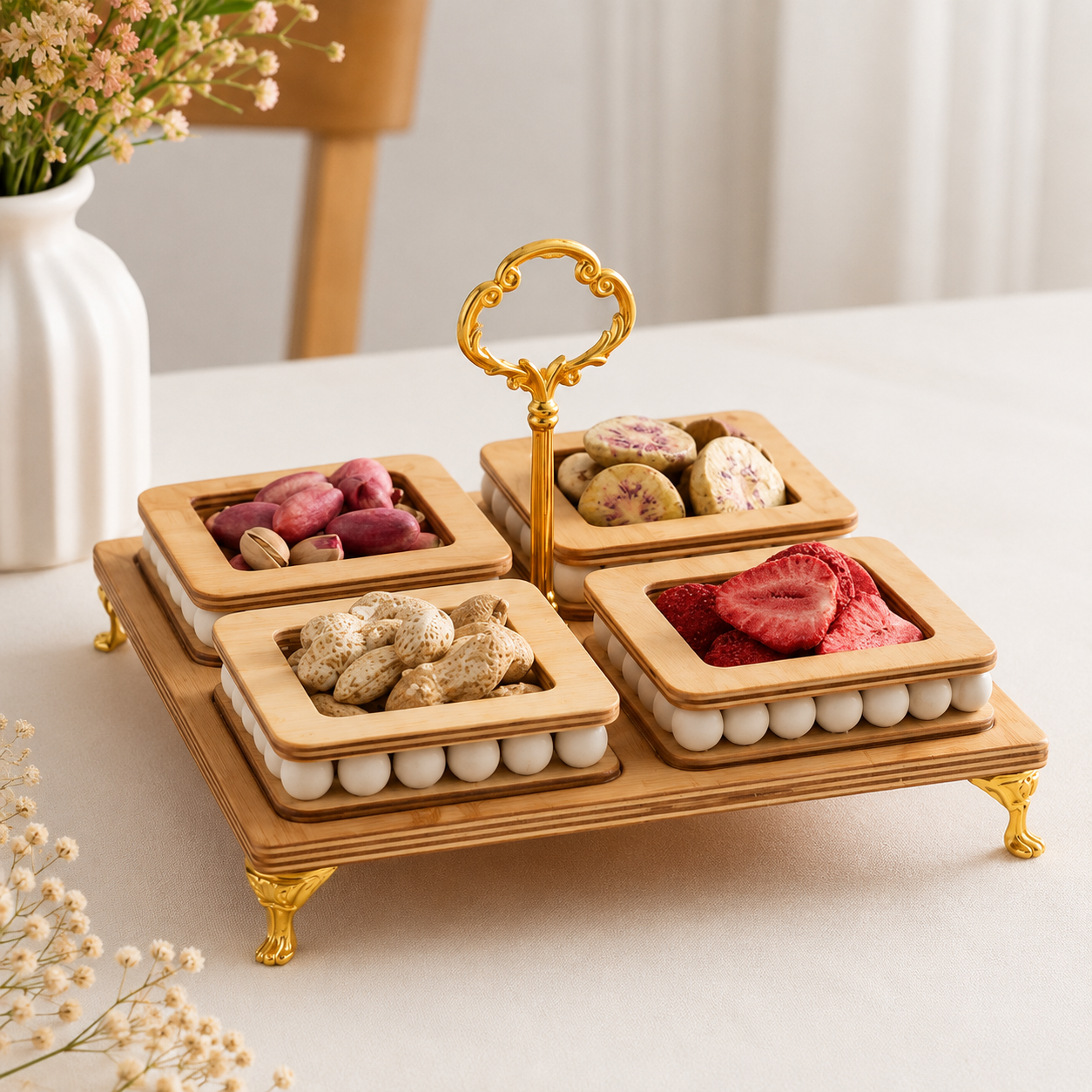 اردوخوری چوبی ۴ خانه مهره دار با پایه طلایی